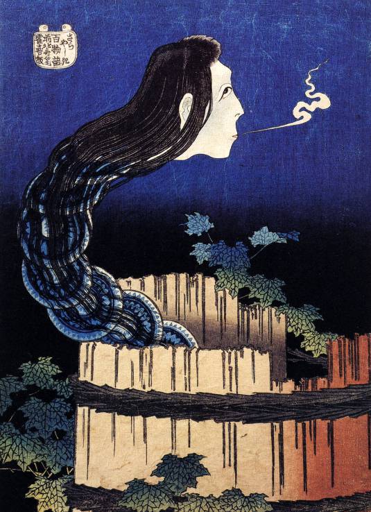 Hokusais Holzschnitt von Okiku in Form einer Schlange aus Tellern.